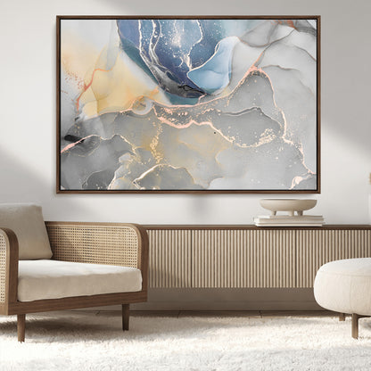 18176-MGV-FC-36X24_Walnut-Abstract Fluid Wall Art – Modern Marble Ink Canvas Print with Blue, Gold, and Gray Tones, Contemporary Minimal Artwork Decor for