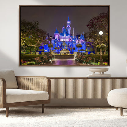 63560-MGV-CV-36X24-Fairy Tale Castle Wall Art – Magical Night Scene Canvas Print with Lights and Gardens, Fantasy Architecture Artwork for Living