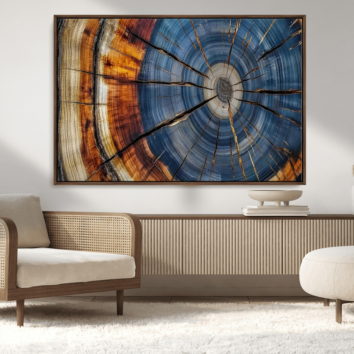 10583-MGV-FC-36X24_Walnut-Tree Ring Wall Art – Abstract Wood Grain Canvas Print with Blue and Brown Tones, Nature Inspired Rustic Artwork for Living Room,