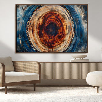 90395-MGV-CV-36X24-Tree Ring Wall Art – Abstract Wood Grain Canvas Print with Fiery Red and Blue Tones, Bold Rustic Nature Inspired Artwork Decor for
