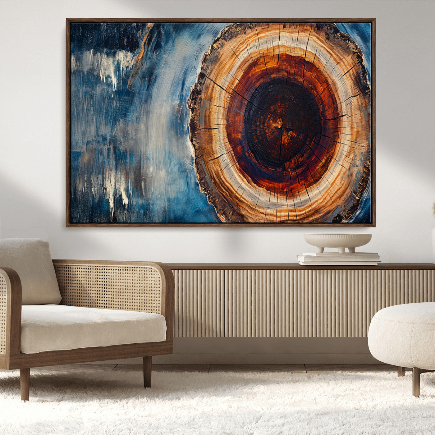48045-MGV-CV-36X24-Tree Ring Abstract Wall Art – Rustic Wood Grain Canvas Print with Brown Center and Blue Brush Strokes, Nature Inspired Artwork for