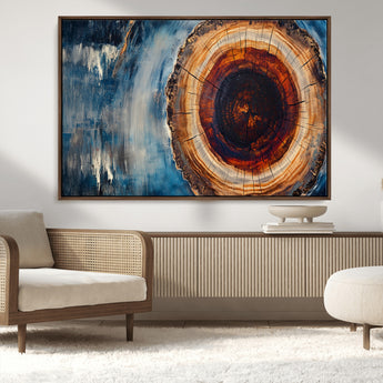 48045-MGV-CV-36X24-Tree Ring Abstract Wall Art – Rustic Wood Grain Canvas Print with Brown Center and Blue Brush Strokes, Nature Inspired Artwork for