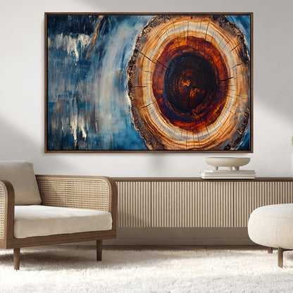 48045-MGV-CV-36X24-Tree Ring Abstract Wall Art – Rustic Wood Grain Canvas Print with Brown Center and Blue Brush Strokes, Nature Inspired Artwork for