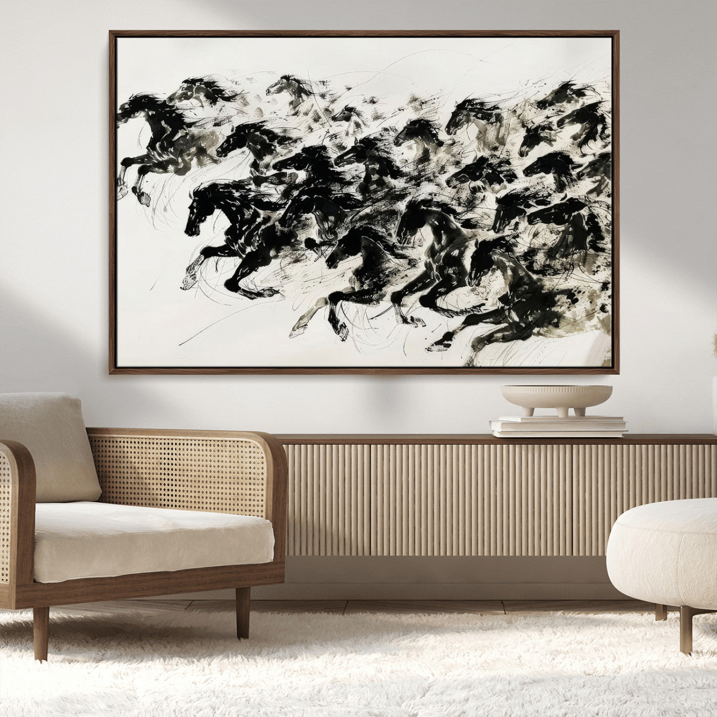 23069-MGV-CV-36X24-Galloping Horses Wall Art – Black Ink Painting on Canvas, Dynamic Equestrian Artwork with Running Stallions, Expressive Modern