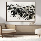23069-MGV-CV-36X24-Galloping Horses Wall Art – Black Ink Painting on Canvas, Dynamic Equestrian Artwork with Running Stallions, Expressive Modern