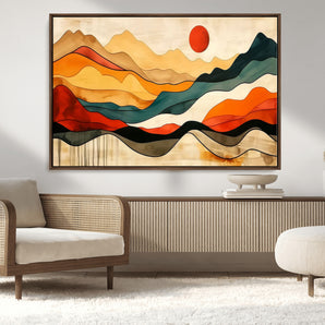 71582-MGV-CV-36X24-Abstract Mountain Landscape Wall Art – Warm Sunset Horizon Canvas Print with Bold Earthy Colors, Modern Boho Style Décor for
