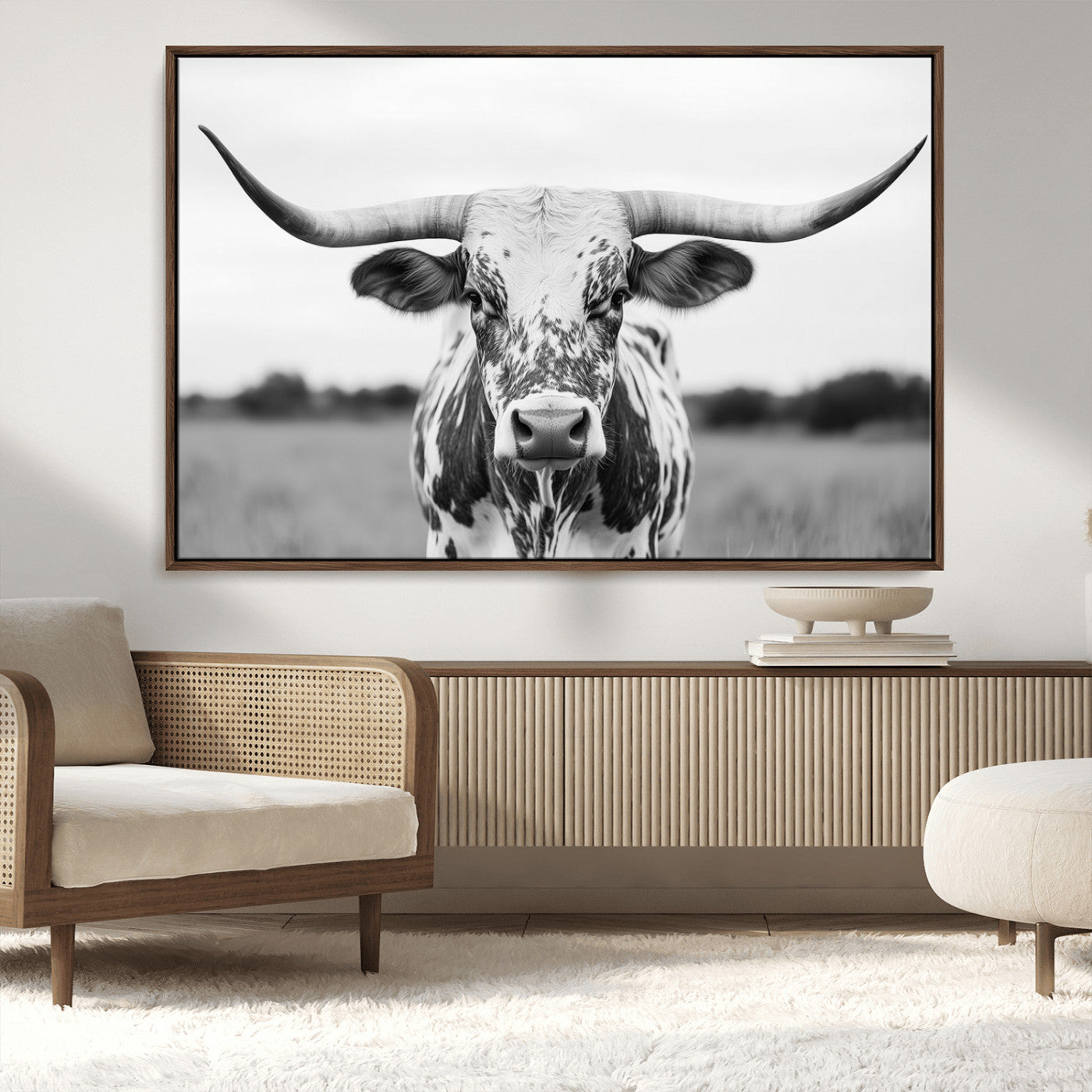 20272-MGV-CV-36X24-Texas Longhorn Wall Art – Black and White Cowboy Western Canvas Print, Rustic Farmhouse Cattle Photography Decor for Ranch, Barn