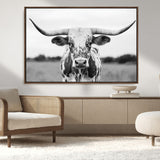 20272-MGV-CV-36X24-Texas Longhorn Wall Art – Black and White Cowboy Western Canvas Print, Rustic Farmhouse Cattle Photography Decor for Ranch, Barn