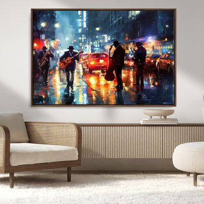 94605-MGV-CV-36X24-City Jazz Night Wall Art – Vibrant Music Canvas Print Featuring Saxophone, Guitar and Bass Players, Urban Street Scene Artwork for