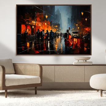 46538-MGV-CV-36X24-Urban Jazz Night Wall Art – Dramatic Music Canvas Print with Double Bass and Street Musicians, Modern City Scene Artwork for