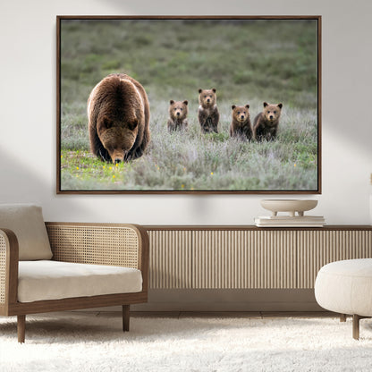 65087B-MGV-CV-36X24-Bear Family Wall Art – Wildlife Canvas Print Featuring Mother Bear with Cubs in Nature, Rustic Animal Artwork for Living Room,