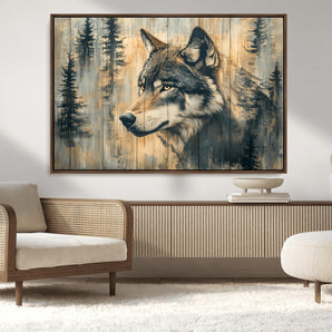 51892-MGV-CV-36X24-Wolf Wall Art – Rustic Canvas Print of Wolf with Forest Trees on Wood Texture, Wildlife Lodge Artwork for Living Room, Bedroom,
