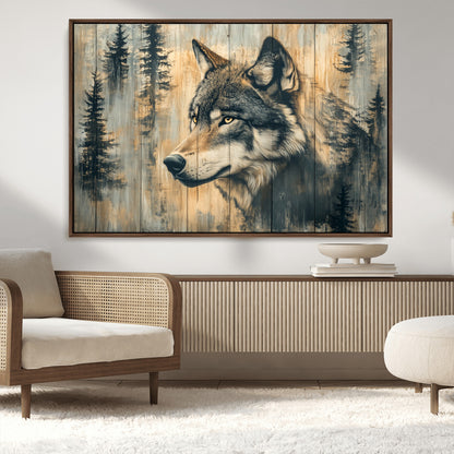 51892-MGV-CV-36X24-Wolf Wall Art – Rustic Canvas Print of Wolf with Forest Trees on Wood Texture, Wildlife Lodge Artwork for Living Room, Bedroom,
