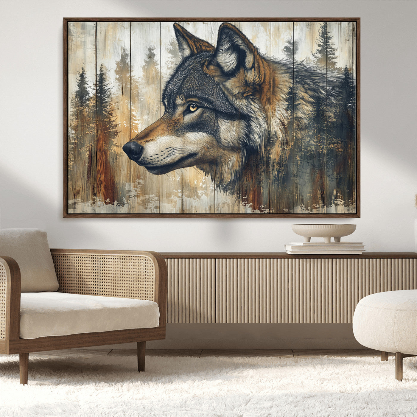 91882-MGV-FC-36X24_Walnut-Wolf Wall Art – Rustic Canvas Print of Forest Wolf on Wood Background, Wildlife Lodge Artwork for Living Room, Bedroom, Cabin, or