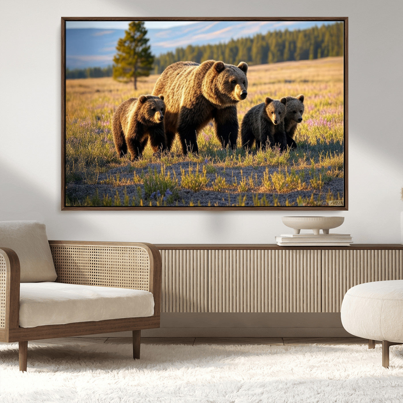 43400-MGV-CV-36X24-Bear Family Wall Art – Wildlife Canvas Print of Mother Bear with Cubs in Sunlit Meadow, Rustic Animal Artwork for Living Room,