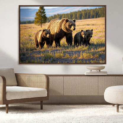 43400-MGV-CV-36X24-Bear Family Wall Art – Wildlife Canvas Print of Mother Bear with Cubs in Sunlit Meadow, Rustic Animal Artwork for Living Room,