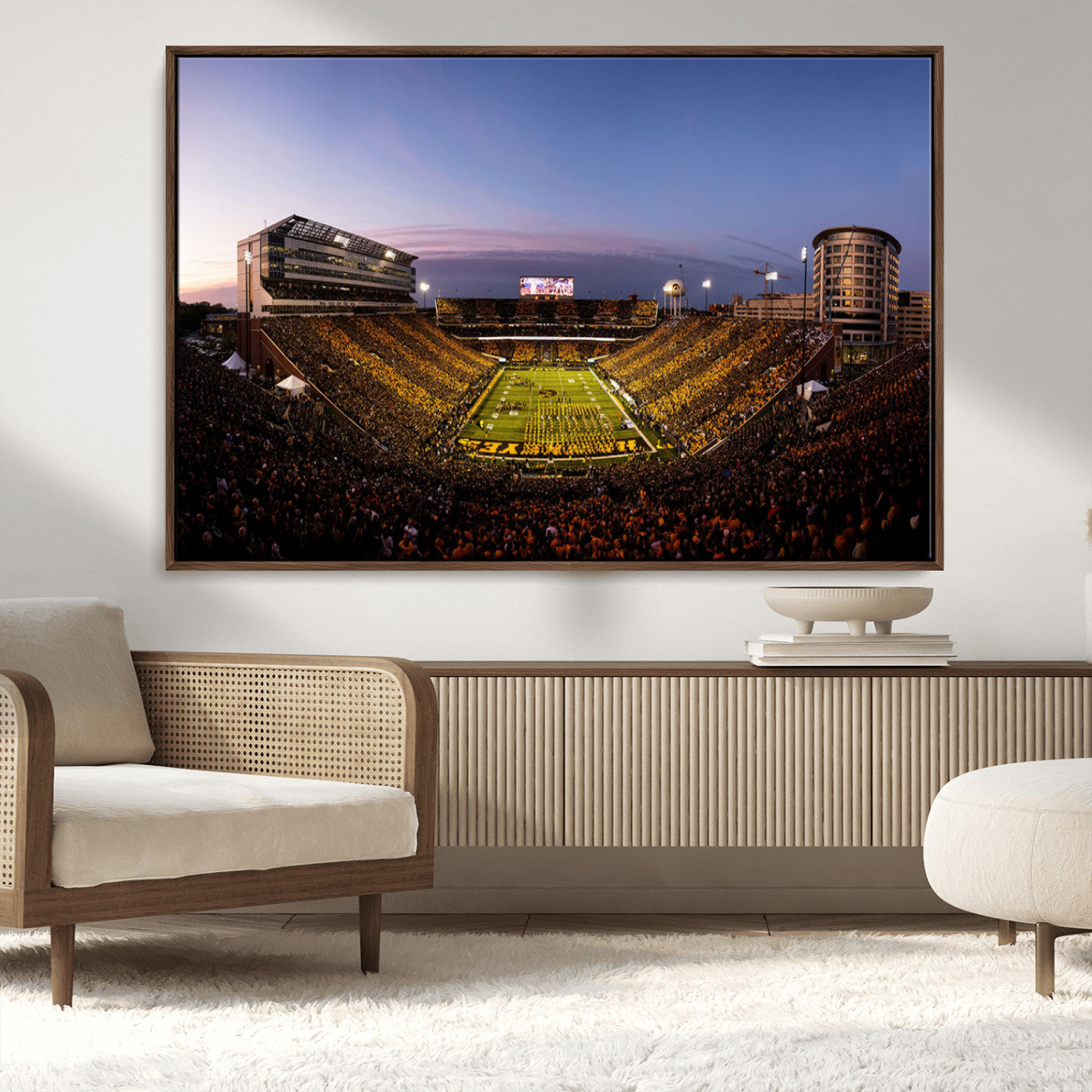 82557-MGV-CV-36X24-College Football Stadium Wall Art – Panoramic Sunset Canvas Print with Marching Band and Game Day Crowd, Sports Artwork for Man