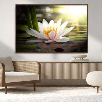 60352-MGV-FC-36X24_Walnut-White Water Lily Wall Art – Lotus Flower Canvas Print with Sunlight Reflection, Peaceful Botanical Artwork for Living Room,
