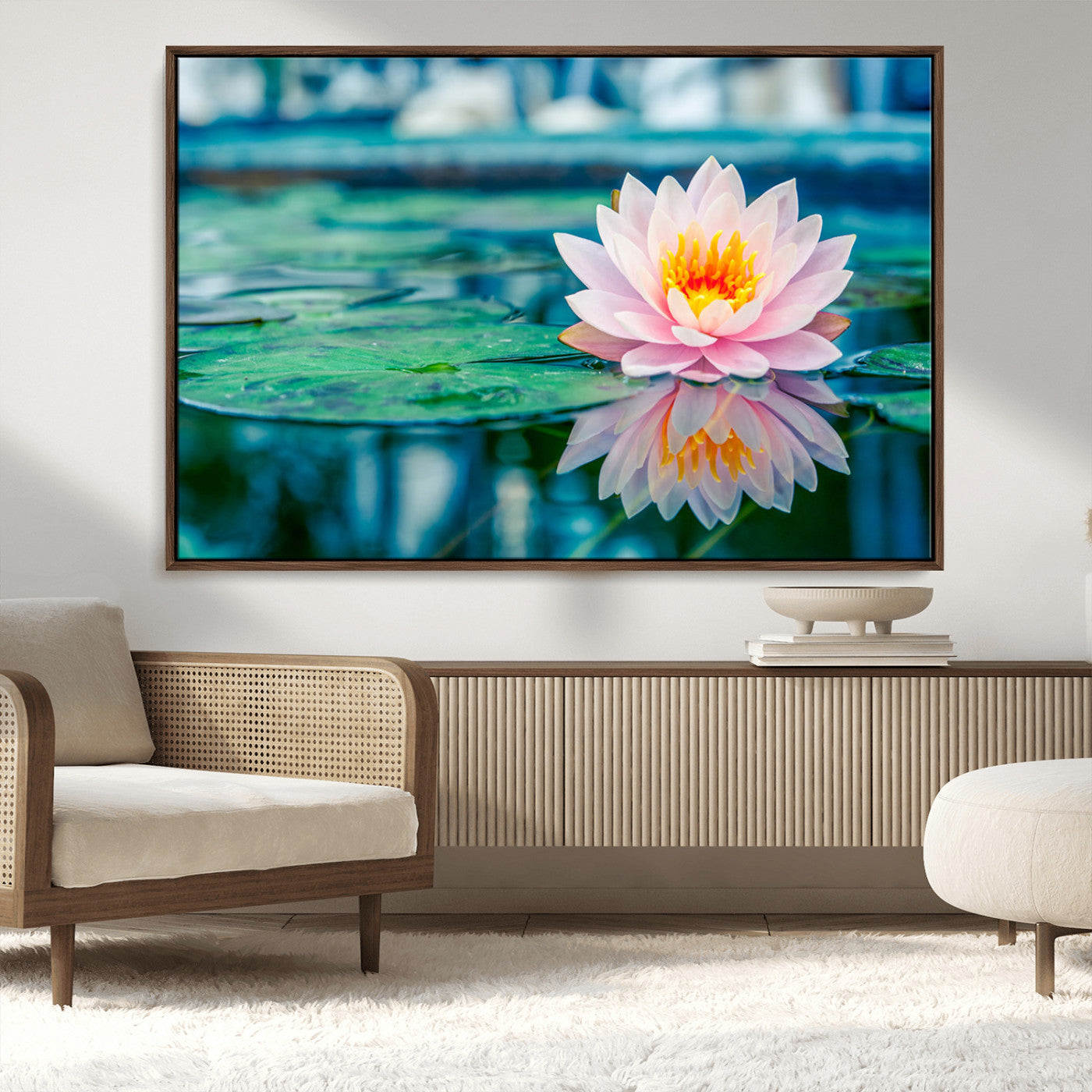 30320-MGV-CV-36X24-Pink Water Lily Wall Art – Lotus Flower Canvas Print with Reflection Water, Peaceful Botanical Artwork for Living Room, Bedroom,