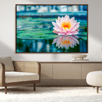 30320-MGV-CV-36X24-Pink Water Lily Wall Art – Lotus Flower Canvas Print with Reflection Water, Peaceful Botanical Artwork for Living Room, Bedroom,