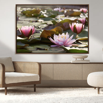 28394-MGV-CV-36X24-Water Lily Pond Wall Art – Pink Lotus Flowers Canvas Print with Green Lily Pads, Peaceful Botanical Artwork for Living Room,