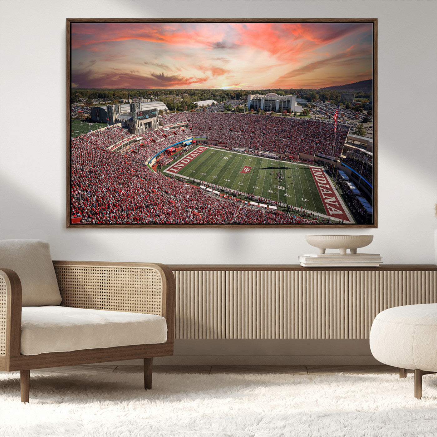 51135-MGV-CV-36X24-Indiana Hoosiers Stadium Wall Art – Panoramic Football Canvas Print with Game Day Crowd and Sunset Sky, Sports Artwork for Man