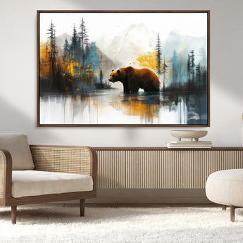 50308-MGV-CV-36X24-Abstract Rustic Bear Wall Art – Forest and Mountain Scene Canvas Print, Nature Artwork for Modern Farmhouse or Log Cabin Decor