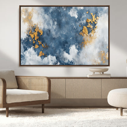 39575-MGV-CV-36X24-Blue and Gold Abstract Wall Art – Modern Canvas Print Featuring Cloudy Textures with Metallic Accents, Contemporary Artwork for