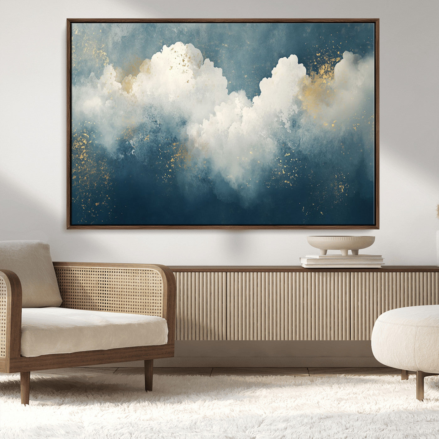 75131-MGV-CV-36X24-Abstract Cloud Wall Art – Modern Canvas Print Featuring Blue and White Clouds with Golden Accents, Contemporary Artwork for Living