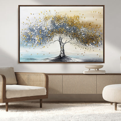 24771-MGV-CV-36X24-Silver Tree Wall Art Canvas Print, Framed Golden Leaves Art Picture Print, Metallic Tree Perfect Minimalist Luxury Decor Artwork