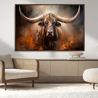 240479-MGV-CV-36X24-Longhorn Bull Wall Art – Dramatic Western Canvas Print Featuring Horned Bull with Fiery Background, Rustic Farmhouse Artwork for