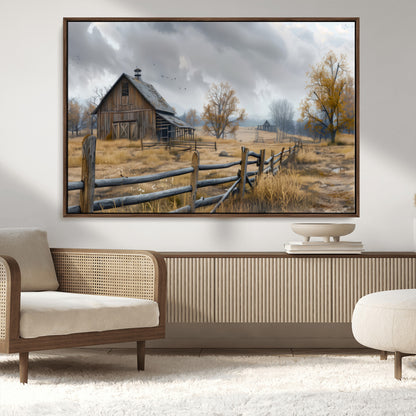 Farm1-MGV-CV-36X24-Rustic Autumn Farmhouse Wall Art – Serene Countryside Scene Canvas Print, Weathered Barn and Autumn Trees Decor for Living Room,