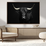 97914921-MGV-CV-36X24-Black Bull Wall Art Canvas Print, Framed Longhorn Bull Art Picture Print, Western Bull Perfect Monochrome Western Decor Artwork