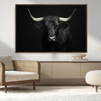 97914921-MGV-CV-36X24-Black Bull Wall Art Canvas Print, Framed Longhorn Bull Art Picture Print, Western Bull Perfect Monochrome Western Decor Artwork