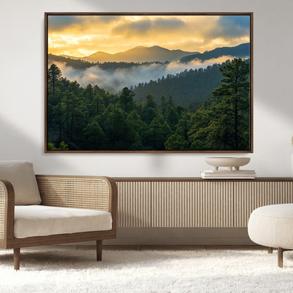 68082278-MGV-CV-36X24-Mountain Sunrise Wall Art Canvas Print, Framed Pine Forest Art Picture Print, Misty Mountains Perfect Earthy Woodland Decor