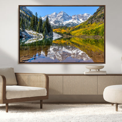 87724099-MGV-CV-36X24-Maroon Bells Wall Art Canvas Print, Framed Snowy Mountains Art Picture Print, Pine Forest Perfect Vibrant Alpine Decor Artwork