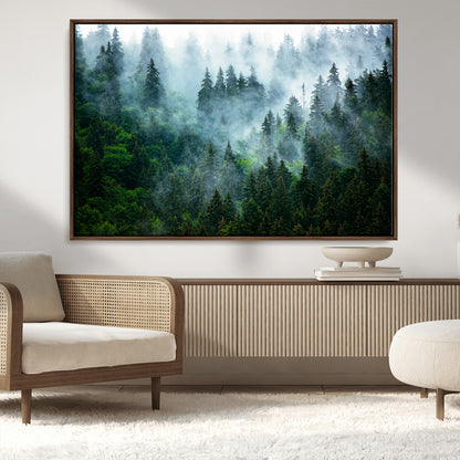 17393683-MGV-CV-36X24-Misty Forest Art Wall Art Canvas Print, Framed Foggy Mountain Art Art Picture Print, Scenic Wall Print Perfect Decor Artwork