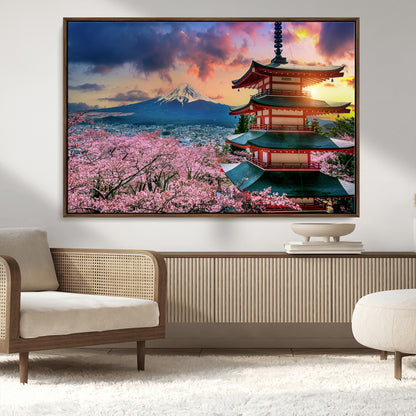 32331262-MGV-CV-36X24-Mount Fuji Japan Wall Art – Cherry Blossom Landscape Canvas Print, Chureito Pagoda Sunset Photography, Japanese Nature Travel