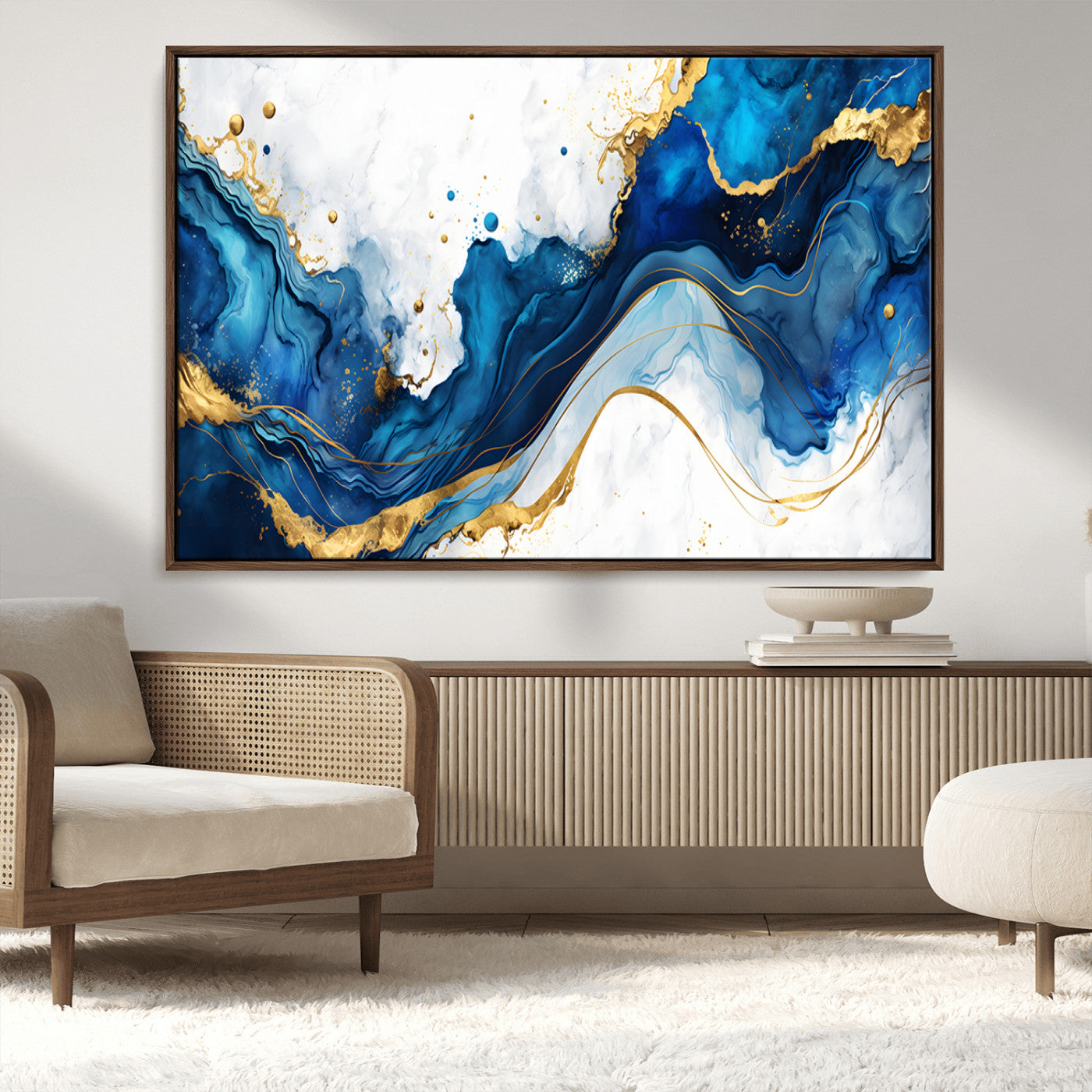 33506371-MGV-FC-36X24_Walnut-Blue Marble Wall Art Canvas Print, Framed Gold Splash Art Picture Print, Abstract Wave Perfect Modern Luxe Decor Artwork