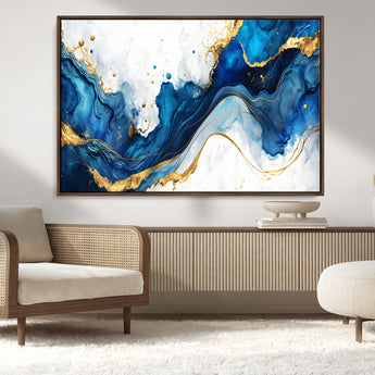 33506371-MGV-FC-36X24_Walnut-Blue Marble Wall Art Canvas Print, Framed Gold Splash Art Picture Print, Abstract Wave Perfect Modern Luxe Decor Artwork
