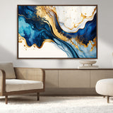 60283636-MGV-CV-36X24-Blue Gold Flow Wall Art Canvas Print, Framed Marble Texture Art Picture Print, Elegant Splash Perfect Elegant Abstract Decor