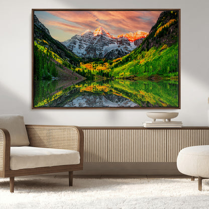 59533484-MGV-CV-36X24-Maroon Bells Autumn Wall Art – Panoramic Mountain Landscape Canvas Print, Sunset Reflection Nature Artwork for Living Room, Office