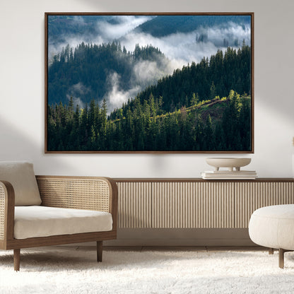 84598503-MGV-CV-36X24-Misty Forest Wall Art Canvas Print, Framed Pine Hills Art Picture Print, Moody Hills Perfect Moody Woodland Decor Artwork