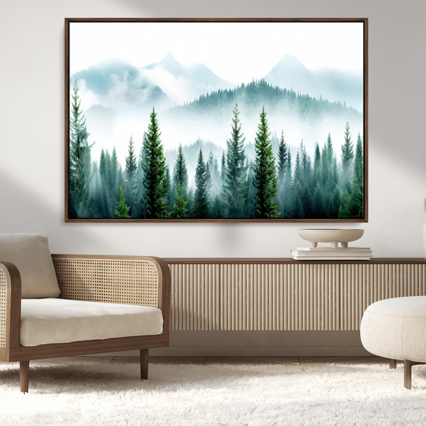 16716676-MGV-CV-36X24-Pine Forest Wall Art Canvas Print, Framed Misty Mountains Art Picture Print, Foggy Trees Perfect Moody Forest Decor Artwork