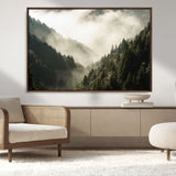 57570237-MGV-FC-36X24_Walnut-Misty Valley Wall Art Canvas Print, Framed Foggy Forest Art Picture Print, Pine Trees Perfect Moody Woodland Decor Artwork