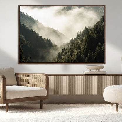 57570237-MGV-FC-36X24_Walnut-Misty Valley Wall Art Canvas Print, Framed Foggy Forest Art Picture Print, Pine Trees Perfect Moody Woodland Decor Artwork