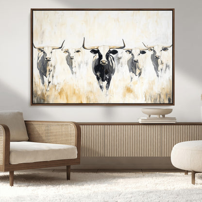 40397799-MGV-CV-36X24-Texas Longhorn Wall Art Canvas Print, Framed Rustic Herd Art Picture Print, Western Bull Perfect Neutral Western Decor Artwork