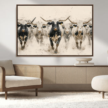 61538944-MGV-CV-36X24-Texas Longhorn Wall Art Canvas Print, Framed Cattles Walking Art Picture Print, Black White Bulls Perfect Rustic Western Decor