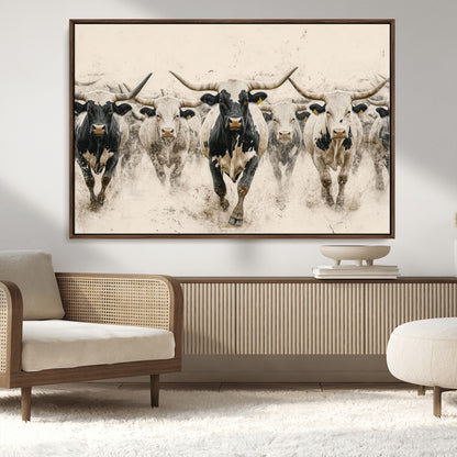 61538944-MGV-CV-36X24-Texas Longhorn Wall Art Canvas Print, Framed Cattles Walking Art Picture Print, Black White Bulls Perfect Rustic Western Decor