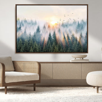 92718976-MGV-FC-36X24_Walnut-Misty Forest Wall Art Canvas Print, Framed Sunrise Pines Art Picture Print, Foggy Woodland Perfect Moody Woodland Decor Artwork